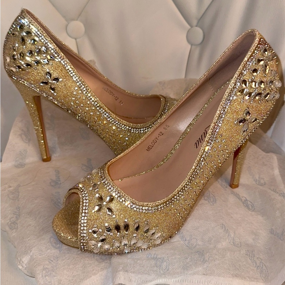 Dazzling Gold Rhinestone Peep-Toe Heels